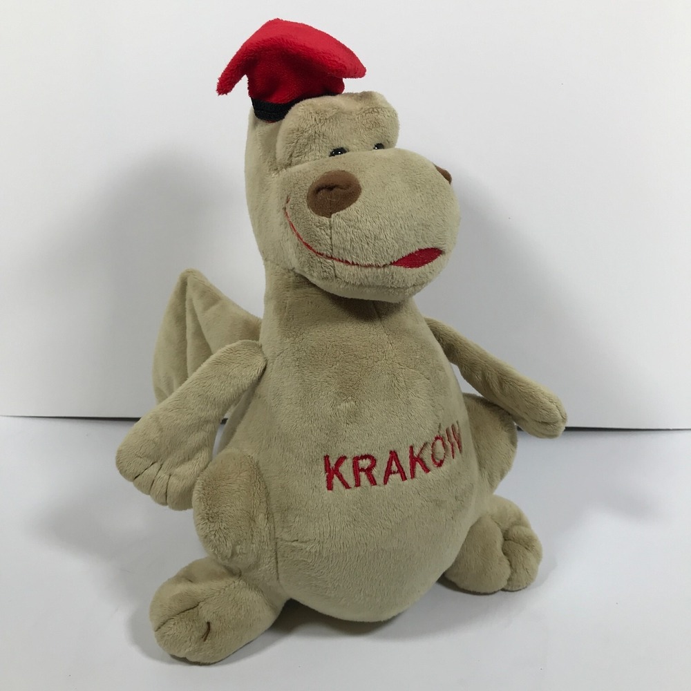 Bukowski Design AB Krakow Dragon Plush Tan Stuffed Animal Red Hat Souvenir 12in